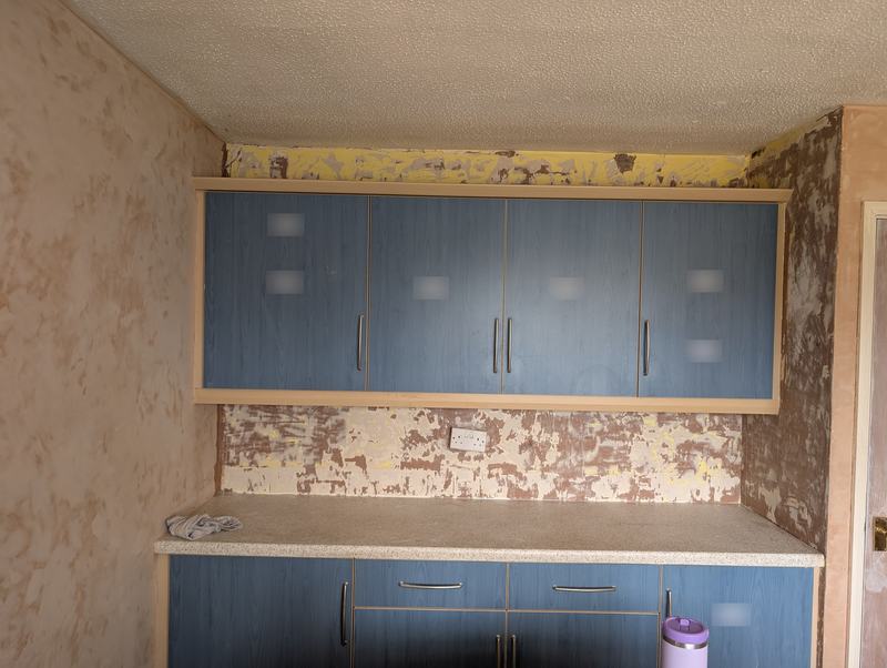 Kitchen wall stripped back to patchy bare plaster above and behind blue units